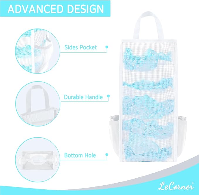 Large Capacity Grocery Bag Holder - Breathable Mesh Plastic Bag Dispenser Organizer (White)