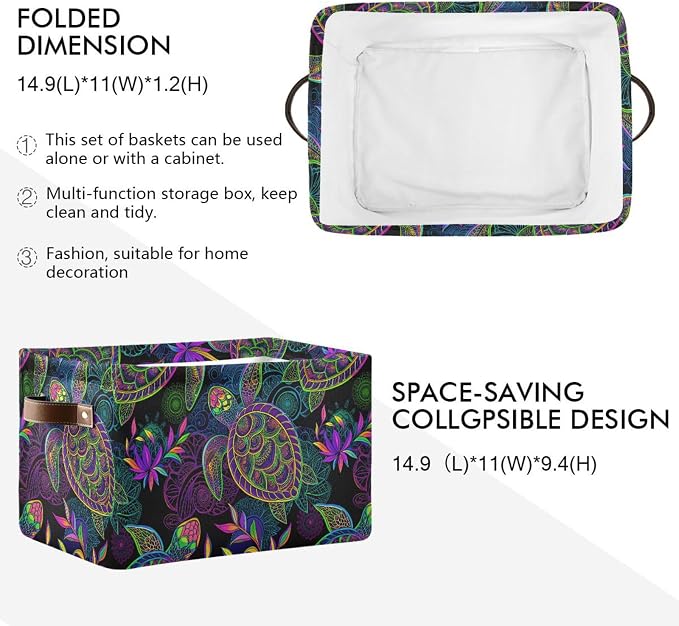 Large Storage Basket Bin Mandala Sea Turtle Storage Cube Box Foldable Canvas Fabric Collapsible Organizer with Handles for Home Office Closet