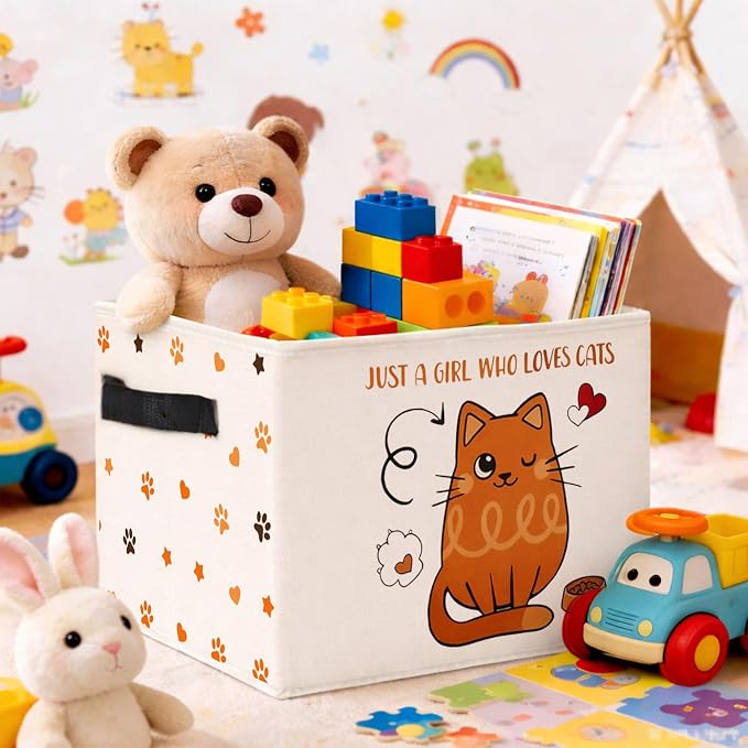 Cat Storage Bin, Foldable Fabric Basket for Girls Room Nursery | Foldable fabric storage bin with cat lover quote design for toys, books, clothes, nursery, bedroom, and playroom use.