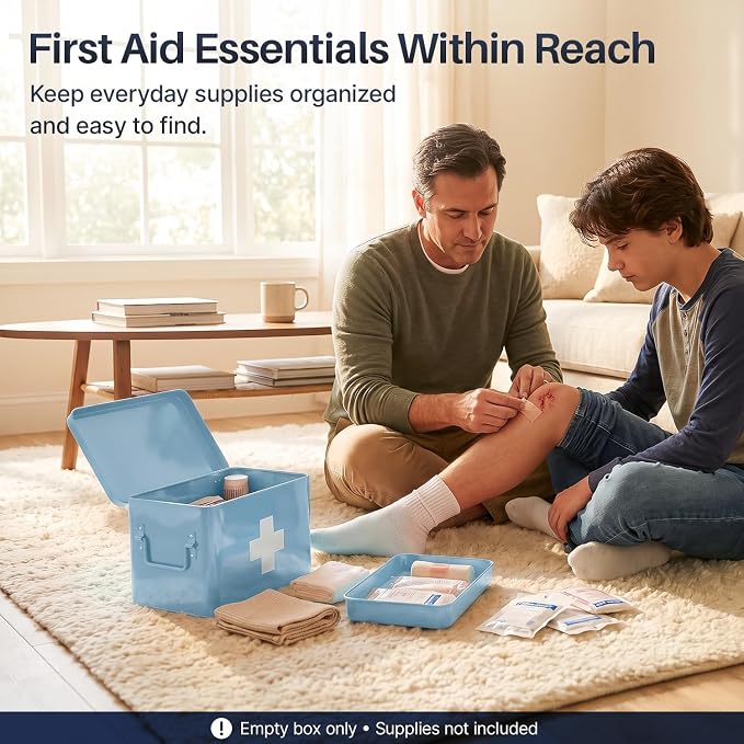 Flexzion Large Metal First Aid Box Empty, 13-Inch, Blue with White Cross | Vintage Medicine Box and First Aid Storage Organizer with Removable Tray and Dividers; Empty Box Only, Supplies Not Included