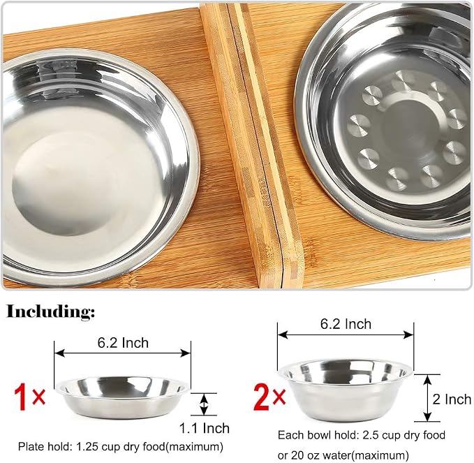 FOREYY Set of 2 Raised Pet Bowls for Cats and Small Dogs - Bamboo Tilted Single Elevated Dog Cat Food and Water Bowls Stand Feeder with 3 Stainless Steel Bowls and Anti Slip Feet for Comfort Feeding