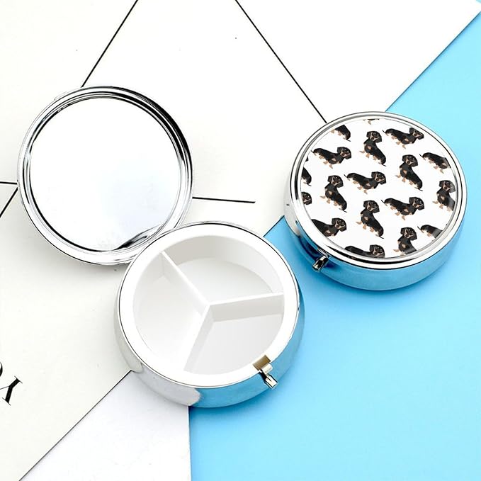 Dachshund Weiner Pet Dogs Pill Box 3 Compartment Small Pill Case for Purse Travel Pill Organizer Metal Pill Holder Portable Pill Container Medicine Organizer for Vitamin Fish Oil Supplements