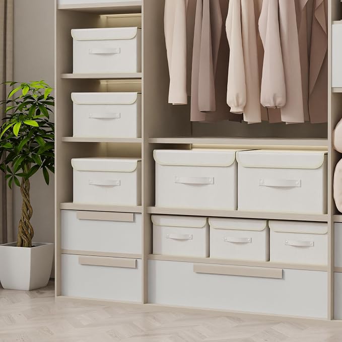 Cloth Storage Baskets with Handles,Beige 15x9.8x9.8in,1 Pack | Storage Boxes with Flip-Top Lids,Washable PP Panel Cube Drawer Organizers,Collapsible Underwear Divider Bins for Home