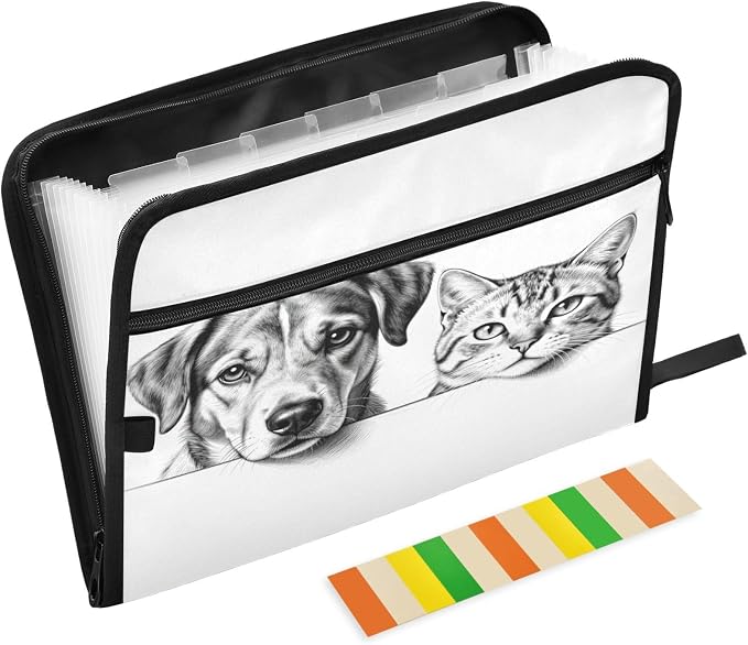 Pet Sketch Expanding File Folder with Sticky Labels | 13 Pockets Accordion File Folder Document Organizer Expandable Zip File Folder with Zipper Closure