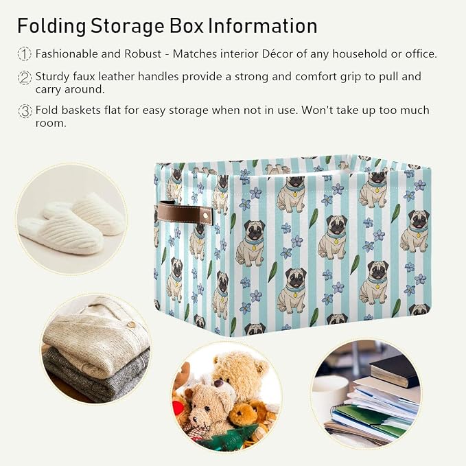 Cute Cartoon Pugs Storage Basket Bin, Foldable Fabric Organizer | Cute pug storage basket with canvas fabric, steel support, foldable design and handles for closet, bedroom and home use.