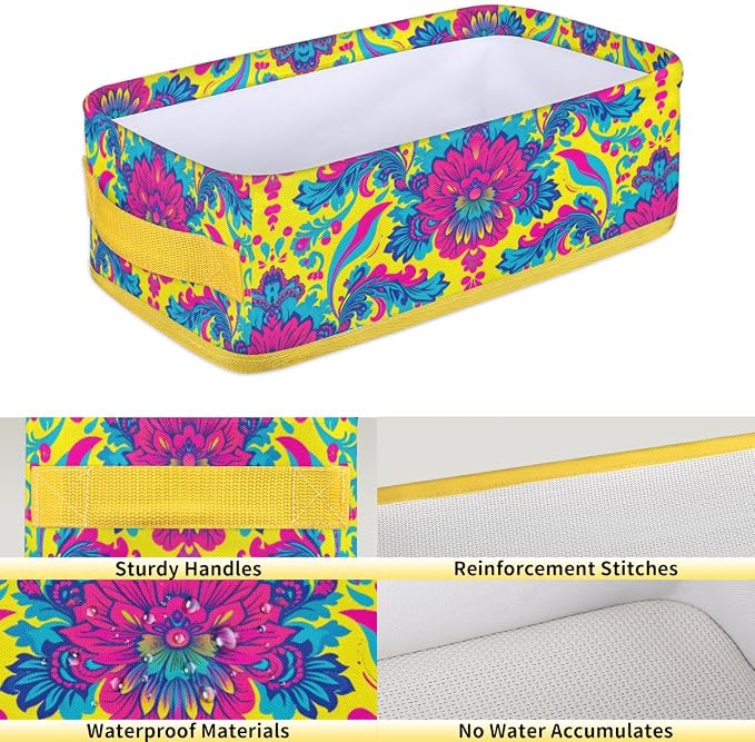 Bright Floral Ethnic Style Bathroom Storage Basket, Foldable with Handle Open Countertop Paper Towel Decorative Box, Toilet Tank Top Shelf Baskets for Home Closet Bedroom Living Room Office