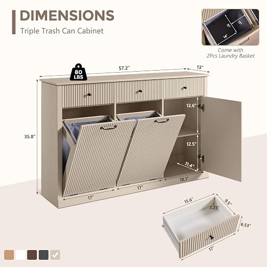 IFGET Triple Tilt Out Trash Can Cabinet, Modern Fluted Laundry Hamper Cabinet with 3 Drawers, 20 Gallon Hidden Wooden Garbage Can Cabinet w/Storage Basket & Adjustable Shelf, for Kitchen, Cream