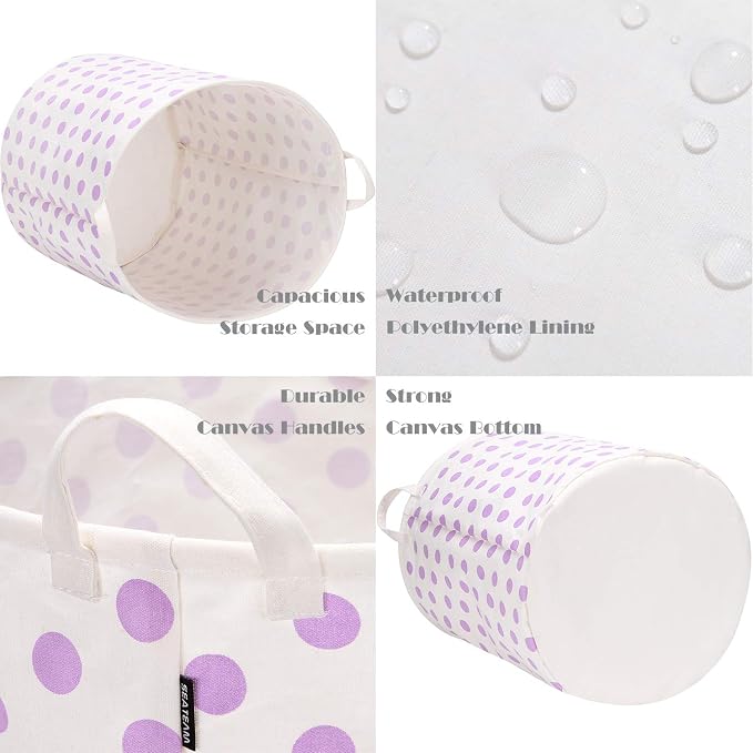 Sea Team Large Canvas Laundry Basket with Handles, Purple Dots | Collapsible Fabric Laundry Hamper, Closet Shelf Organizers, Containers for Clothing, Blankets, Toys, Bedding, 19.7 x 15.7”