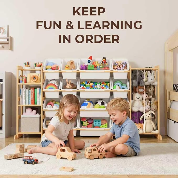 Toy Storage Organizer with Bookshelf and Stuffed Animal Storage - Playroom Organization with Shelves and 12 Bins - Living Room Box for Lego - Bedroom Decor Essential