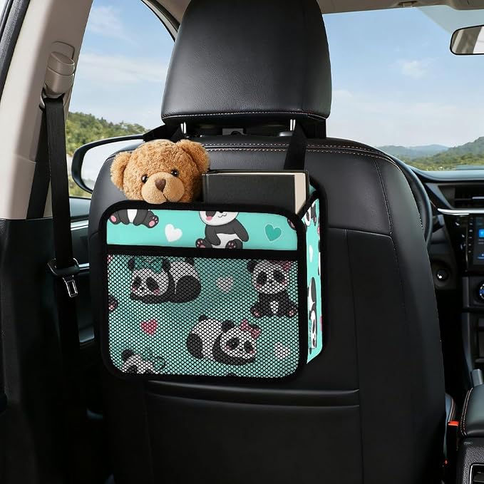 Car Backseat Organizer Hanging Storage Pocket Auto Garbage Bag, Panda | Bears, Vehicle Back Seat Pouch PU Leather Travel Essentials Accessories
