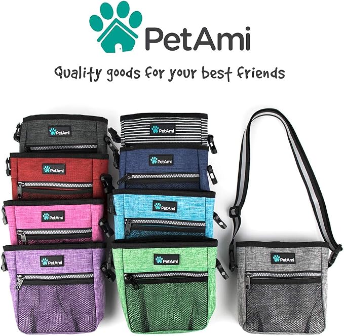 PetAmi Dog Treat Pouch, Pet Treat Pouch For Training, Dog Walking Bag Holder for Kibbles, Pet Food Toy, Dog Trainer Essentials Supplies, Poop Bag Dispenser, 3 Ways to Wear (Black Stripes)