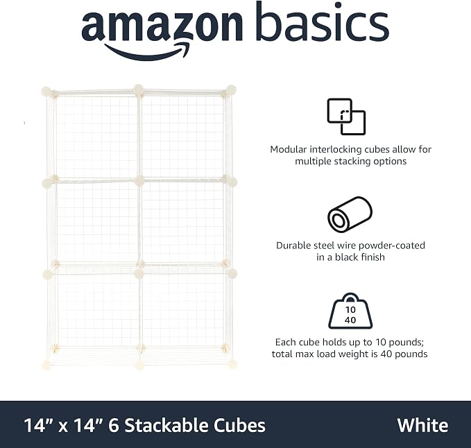Amazon Basics 6 Cube Wire Grid Storage Organizer, Stackable Storage Cubes, Modular Closet Organizer Shelves, 14.6" D x 30.3" W x 44.8" H, White