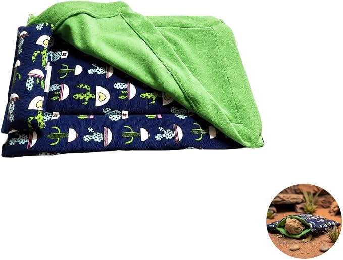 Reptile Sleeping Bag with Pillow and Blanket, Soft Canvas Bearded Dragon Sleeping Bag, Cactus Pattern Hideout Habitat, Cozy Bed for Leopard Gecko, Lizard, Hamster, Small Pets, Blue and Green