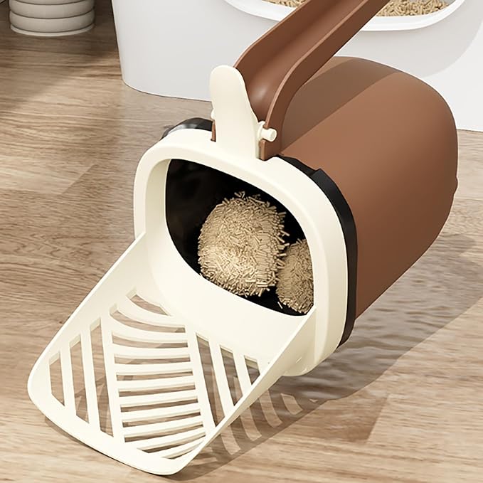 Cat Litter Shovel Scoop with Bag, Cat Litter Shovel with Storage Bucket, Removable Cats Litter Scoop, Bin Doubles as Scoop Holder, Large Capacity Cats Scooper Portable Shovel (Coffee)