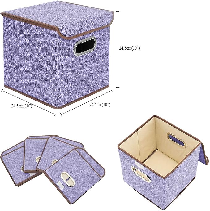 Storage Bin [Set of 4] Linen Fabric Foldable Container with Lid, Collapsible Organizer Boxes Cubes – 10 x 10 x 10 Inches (Purple)
