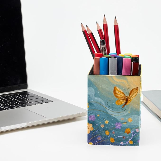 Butterfly Pen Holder for Desk Decor, Rectangular PVC Leather Pencil Cup for Desk Pen Organizer, Makeup Brush Holder for School, Home, Office