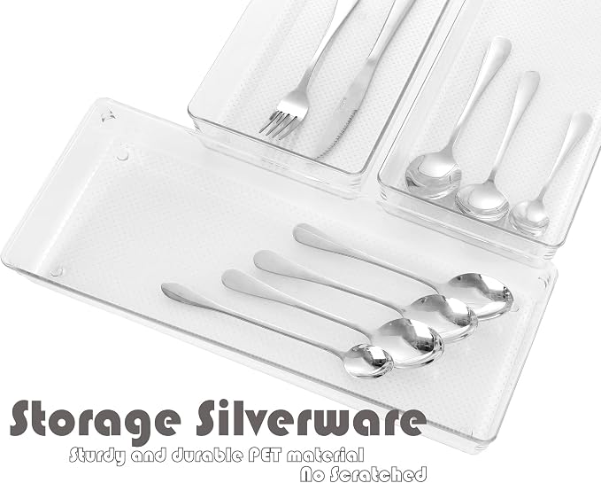 4Pack Large Size Clear Plastic Desk Drawer Dividers Drawer Organizer Wide Tray for Makeup,Kitchen Utensils,Silverware,Jewelries and Gadgets 15’’x6’’