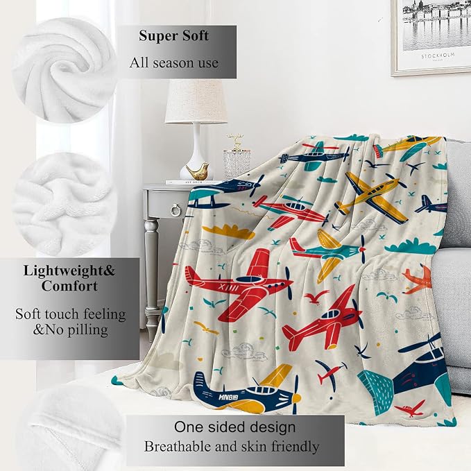 Airplane Blanket Aviation Adventure Colorful Planes and Clouds Throw Blankets Gifts for Kids Boys Lightweight Soft Fleece Cozy for Sofa Couch Bed Room Travel Birthday Party Decor 40x50in