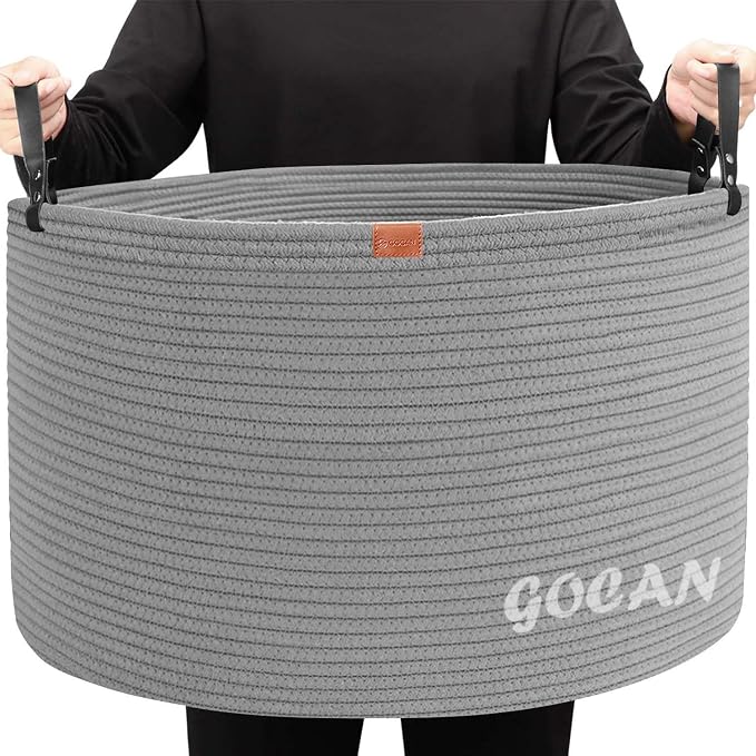 Cotton Rope Woven Laundry Basket 22"X 22"X 14" with handles(Gery) XXXL | Hand-woven, ideal for storing blankets and cushions in the living room, and clothes for household storage.