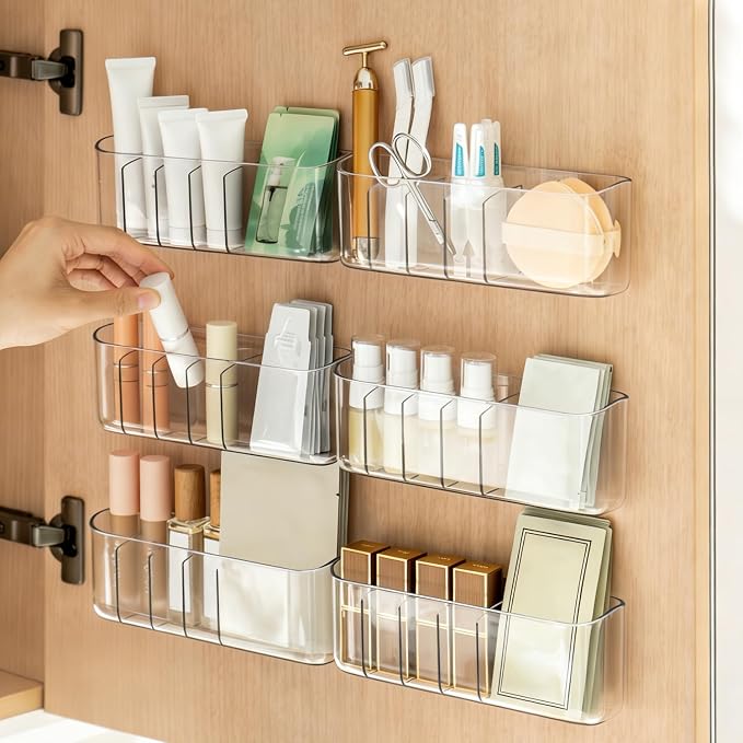 2PCS Clear Inside Medicine Cabinet Door Organiser, Small Bathroom Organizer Adhesive Wall Mounted Storage Compartment Holder for Lipstick,Small items