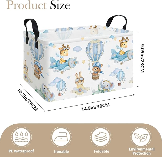 Rectangle Foldable Storage Basket Handles For Home, Airplane Animal | Waterproof canvas material, reinforced handles, perfect for shelf use, organizes clothes, daily items and pet supplies