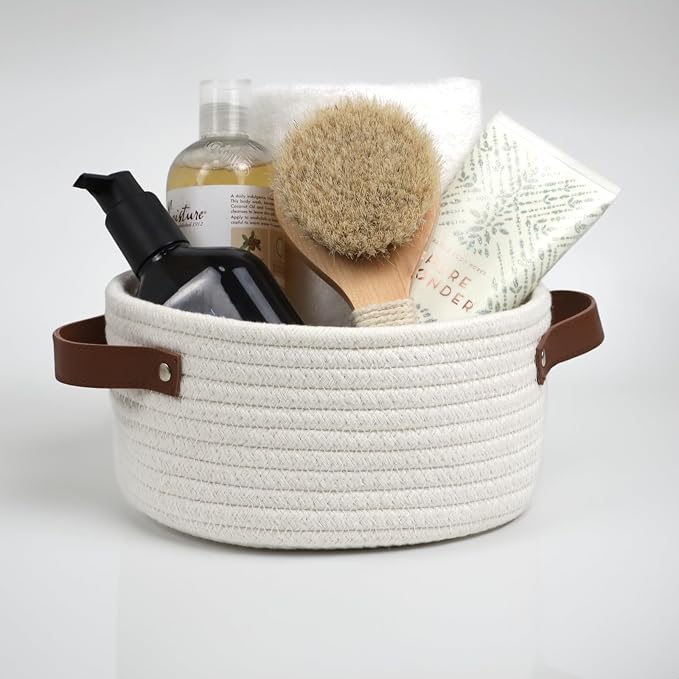 Small Woven Basket, Mini Cotton Rope Storage Basket with Leather Handle | Tiny Decorative Round Storage Bin, Cute Empty Gift Baskets for Organizing, Toy Organizer for Nursery, Boho Room Decor