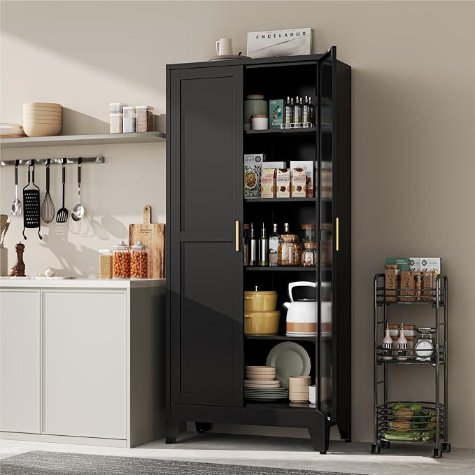 YAUWOH 71''Metal Cabinet with 4 Adjustable Shelves,5-Tier Pantry Storage Cabinet,Kitchen Pantry Cabinet for Living Room,Dining Room, (1PC,Black)