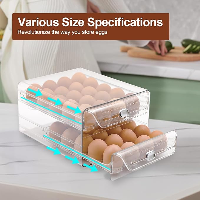 2 Tier Egg Holder for Refrigerator, 40 Eggs Clear Drawer Organizer | Clear Stackable Holder Tray with Drawer for Fridge, Storage Container with Handles for Refrigerator, Countertop, Kitchen