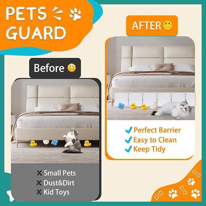 14 Pack Under Bed & Couch Blocker for Pets and Toys - 166" Length, 11.8" Height for One Side of Queen Bed | Includes Sticky Tape, Connectors & Zip Ties - White
