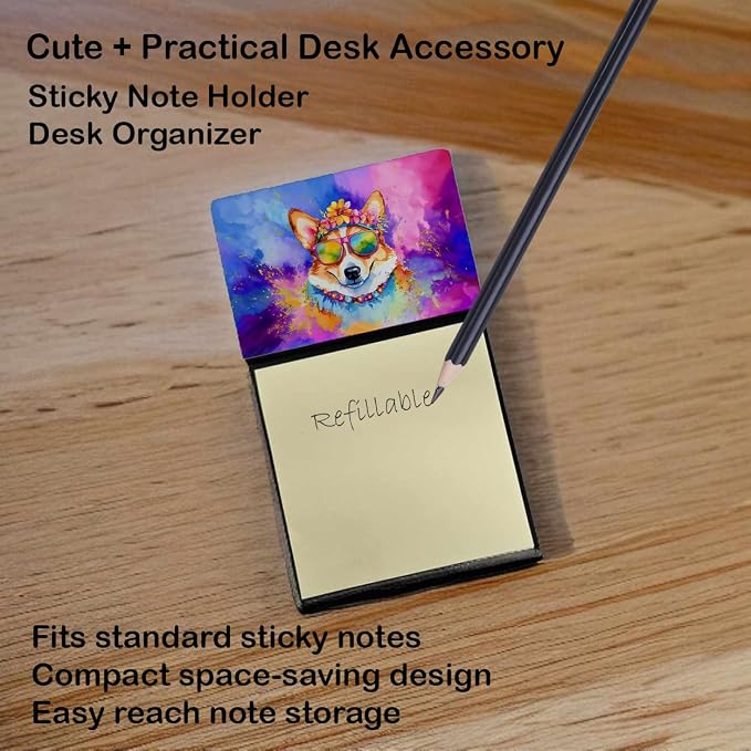 Caroline's Treasures Corgi Hippie Dawg Sticky Note Holder Refillable Dispenser Self-Sticky Note Pads, Memo Pads Blank Desk Accessories