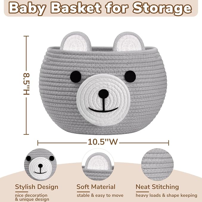CherryNow Baby Basket for Gifts Empty, Cute Bear Design, Light Grey | 10.5" x 8.5" Woven Rope Baby Shower Basket, Fits Living Room Nursery Décor, Small Gift Baskets Empey for Kids