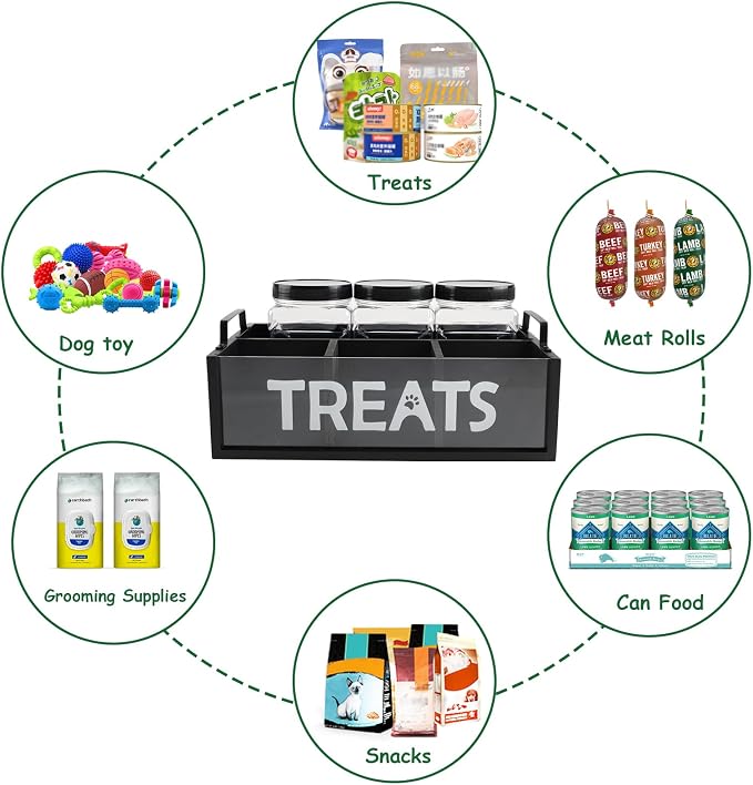 Dog Treat Container for Countertop, Pet Treat Storage Organizer with 3 Jars and Compartments, Cat Food Container with Handle, Dog Treat Organizer Bin