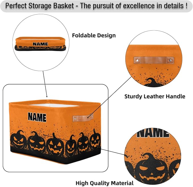 Custom Name Storage Bin, Personalized Rectangular Storage Basket with Handles for Organizing Boys Girls Toys Office Closet Shelf Baskets, Watercolor Orange Black Pumpkins Halloween