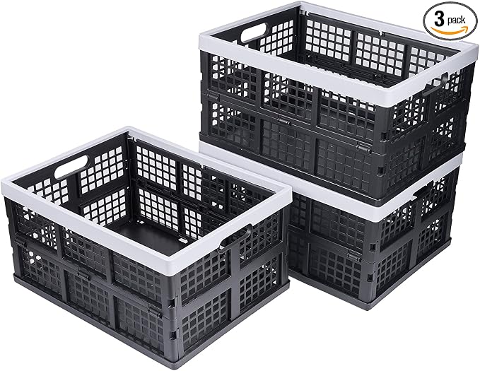 Aebeky 3-Pack Plastic Collapsible Storage Crates-30L,Foldable Plastic Crates for Storage (Black+Gray)