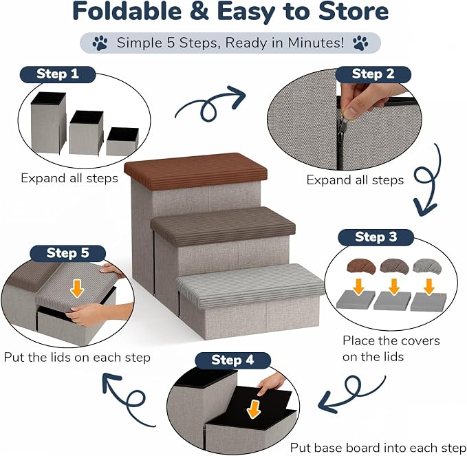 3-Step Wide Dog Stairs 18" H with 3 Colors Covers, Non-Slip Storage Pet Steps for High Bed Couch, Pet Stairs for Small/Medium/Large Old Dogs Puppy Up to 200lbs, Cat Dog Steps for Car, Grey