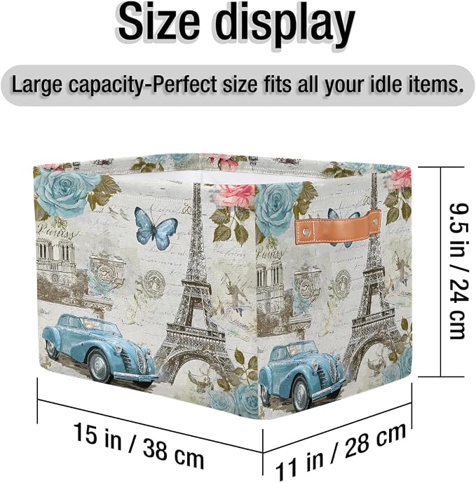AUUXVA Storage Basket Vintage Paris Eiffel Tower Rose Flower Old Car Storage Cube Box Durable Canvas Collapsible Toy Basket Organizer Bin with Handles for Shelf Closet Bedroom Home Office