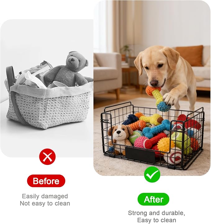 Metal Dog Toy Basket with Handles, Chew-Proof Large Pet Toy Storage Bin, Foldable Dogs Organizer Box for Living Room, Personalized Rustic Toy Holder (Black)