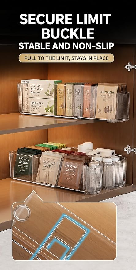 2-Pack Clear Expandable Drawer Organizer Bins, Fluted Plastic Pantry Storage and Organization Bins for Deep Kitchen Cupboard, Fridge, Bathroom, Sauce Packet Holder
