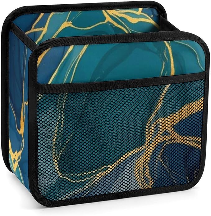Car Back Seat Organizer Auto Headrest Backseat Storage Bag, Gold Turquoise | Green Navy Blue Wave Marble, Vehicle Trash Bag Can with Mesh Pocket, Waterproof Pu Leather Interior Accessories