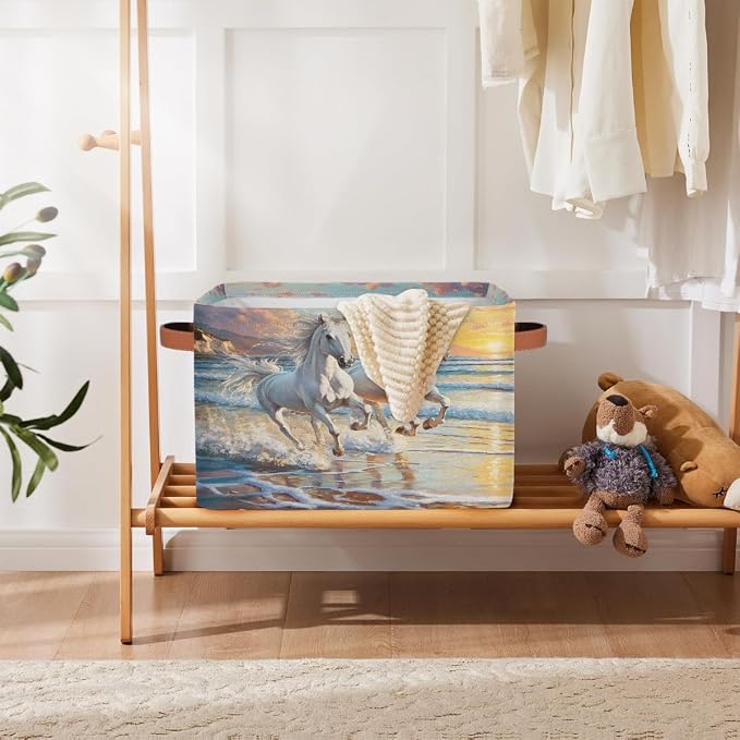 Storage Baskets Bin, Animal Running Horse Beach Collapsible Canvas Fabric Storage Bin Decorative Baskets Toy Organizer Rectangle Storage Boxes with Handles for Home Shelves Nursery,1Pack,A-478