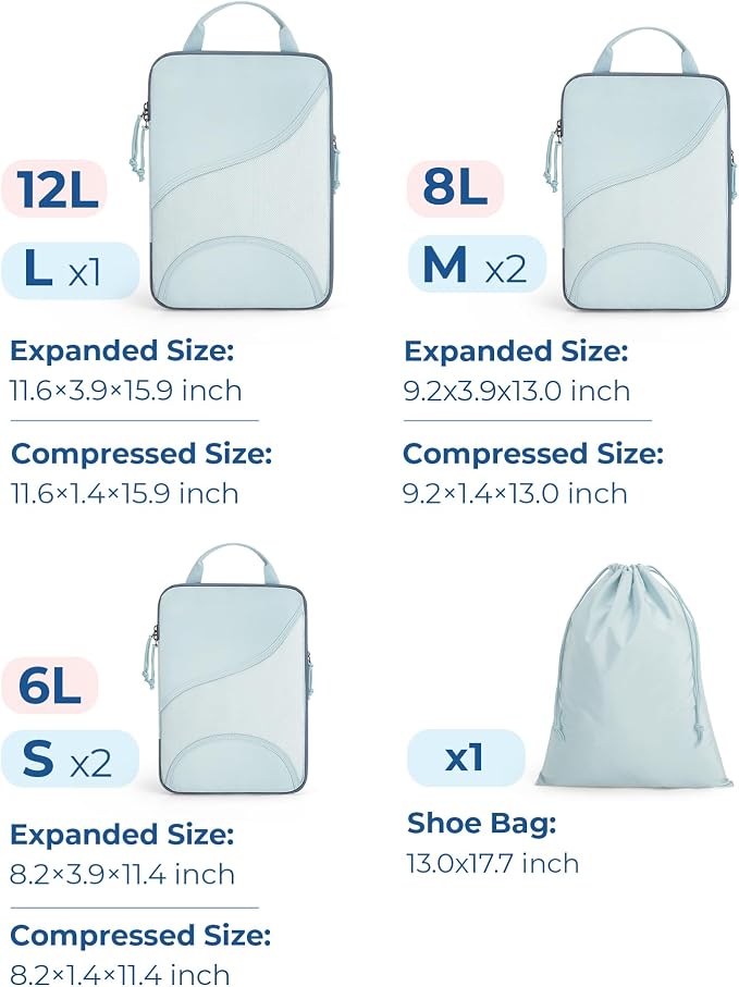 Bagsmart Compression Packing Cubes, Travel Bag Cruise Ship Essentials | Lightweight, Compressible Suitcase Organizer Set fit Standard Carry-On & Checked Luggage, 6 Set, 14 Set Washable Packing Bags