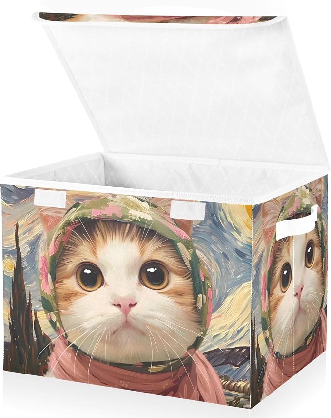 Cat Pet Storage Bins with Lids Closet Bedroom 40L Storage Basket | Decorative Storage Boxes, Foldable & Stackable, Dust-Proof Flip Top, Reinforced Handles, For Home & Dorm, Clothes & Toy Box