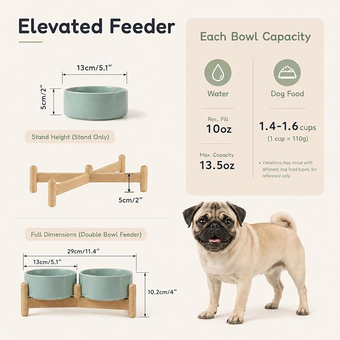 Havniva Ceramic Dog Bowls Elevated, Raised Dog Food Bowl for Puppies | 5.1” Elevated Dog Bowls, Non-Slip Wood Stand, Dog Food and Water Bowl Set, Dog Feeding Dish, Large Capacity Pet Water Bowl