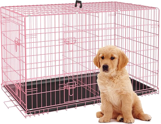 BestPet | Dog Crate | 24" | Pink | Foldable Metal Kennel with Double Doors | Secure Slide-Bolt Latches, Leakproof Tray | Portable Dog Cage for Small Breeds | for Travel, Indoor & Outdoor Use