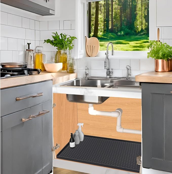 Under Sink Mat 34 x 22 for Kitchen Waterproof, Silicone Under Sink Liner Mat for Bottom of Kitchen Sink, Easy to Clean Bathroom Cabinet Mat Organizers and Storage, Black