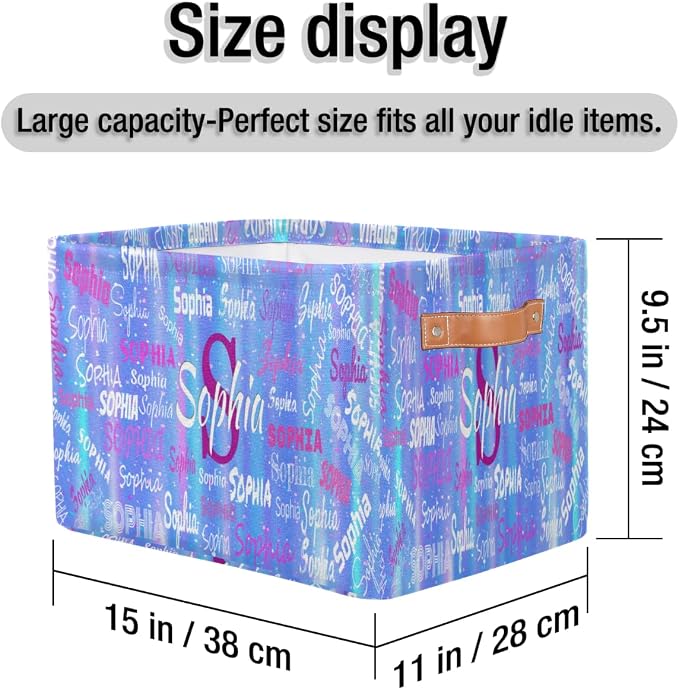 Personalized Storage Basket with Name, Rectangle Toys Storage Bin with Handles for Baby, Boys, Girls, Collapsible Basket for Clothes, Books, Romantic Gradient Blue