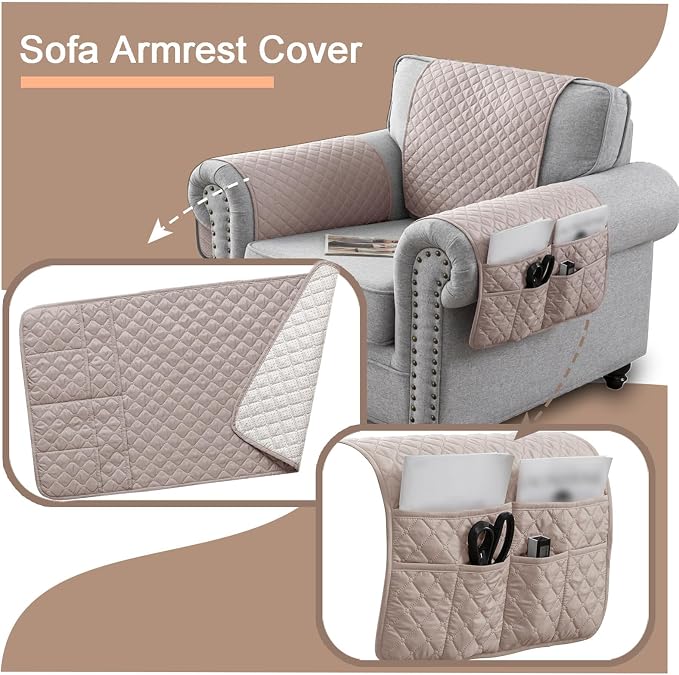 Water-Resistant Sofa Armrest and Headrest Covers with Side Pocket | Keep remotes close quilted polyester helps guard against wear, pet scratches, and kids' messes silicone backing adds grip
