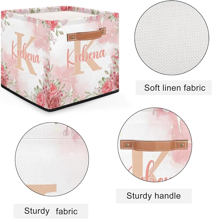 Personalized Initial-Name Pink Flower Storage Baskets for Girls Women, Custom Portable Square Storage Bins with Handles Foldable Organizer for Clothes, Toys, Blanket, Towel,Pet 13”