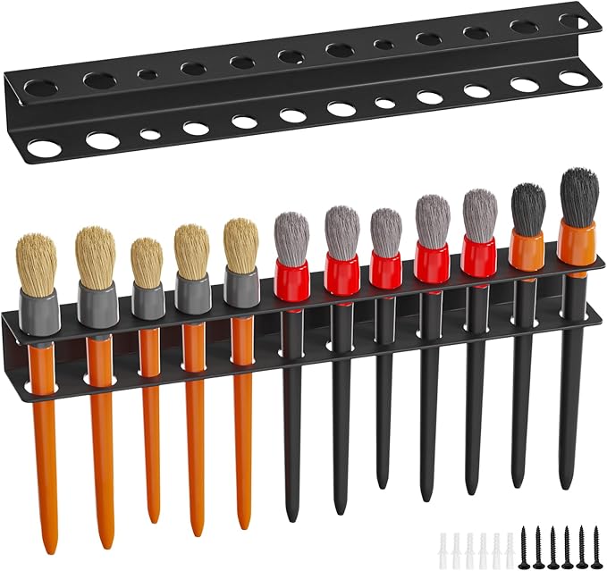 2Pcs Car Detailing Brush Holder Wall Mount,12 Holes Multi-Size Metal Utility Brushes Rack Detail Car Detailing Organizer for Garage Workshop Auto Shop Tool Organizer(Brush Holder, Black)