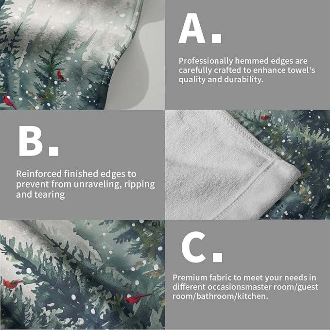 Giwawa Winter Trees Hand Towel Set of 2, Christmas Birch Pine Tree Red Birds Towel, Rustic Watercolor Misty Forest Face Towel Quick Dry Dish Wash Cloth for Hotel Bathroom Gym Home Spa Decor